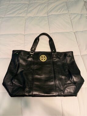 Tory Burch Black Leather Tote with Gold Logo